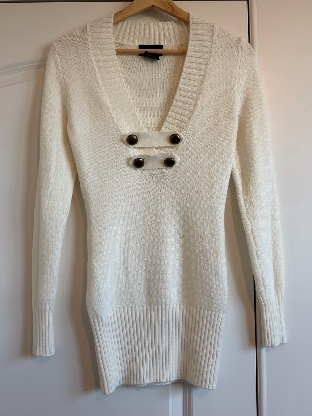It's Our Time Cream V-Neck Sweater with Brushed Gold Buttons